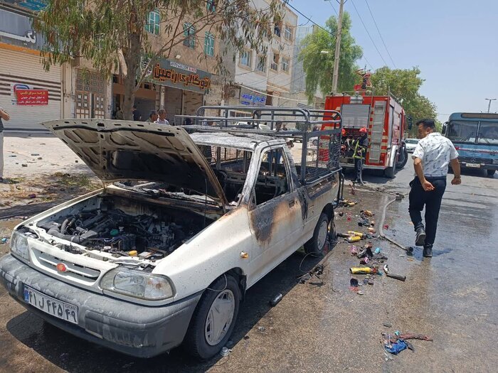 جزئیات هولناک از انفجار قوطی اسپری در کازرون؛ ۲ ماشین طعمه حریق شدند+ عکس