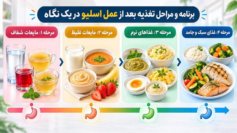برنامه تغذیه بعد از اسلیو معده؛ مراحل ۴گانه + لیست پرهیزهای مهم برنامه و مراحل تغذیه بعد از عمل اسلیو در یک نگاه